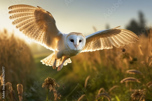 A barn owl hunting while flying over a meadow. Generative AI