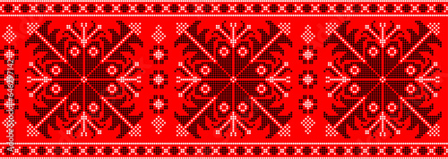 Vector illustration of Ukrainian ornament in ethnic style, identity, vyshyvanka, embroidery for print clothes, websites, banners. Background. Geometric design, border, copy space, frame