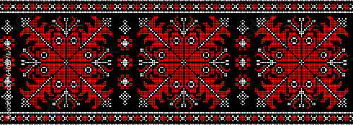 Vector illustration of Ukrainian ornament in ethnic style, identity, vyshyvanka, embroidery for print clothes, websites, banners. Background. Geometric design, border, copy space, frame