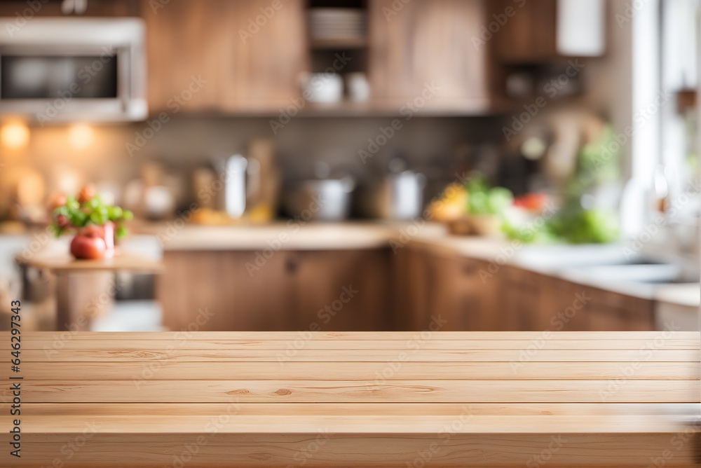 generative AI, A log dining table board in front of blurred kitchen background