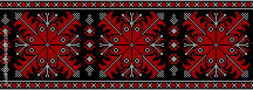 Vector illustration of Ukrainian ornament in ethnic style, identity, vyshyvanka, embroidery for print clothes, websites, banners. Background. Geometric design, border, copy space, frame