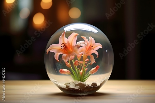 Transparent glass ball with lily flowers inside on wooden table