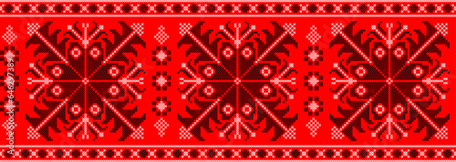 Vector illustration of Ukrainian ornament in ethnic style, identity, vyshyvanka, embroidery for print clothes, websites, banners. Background. Geometric design, border, copy space, frame