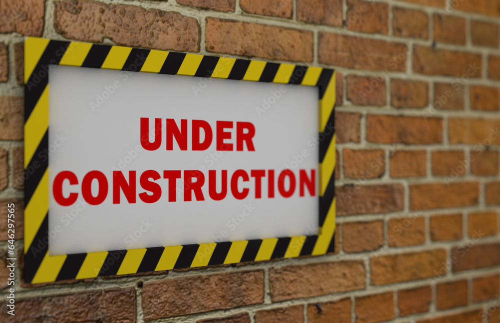 Naklejka premium Under construction sign on a brick wall.
