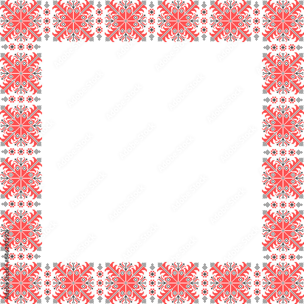Vector illustration of Ukrainian ornament in ethnic style, identity, vyshyvanka, embroidery for print clothes, websites, banners. Background. Geometric design, border, copy space, frame