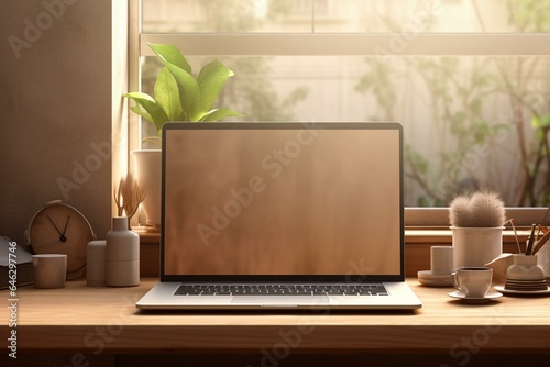 Close-up of designer workspace with blank laptop screen and other items. Conceptual rendering. Generative AI