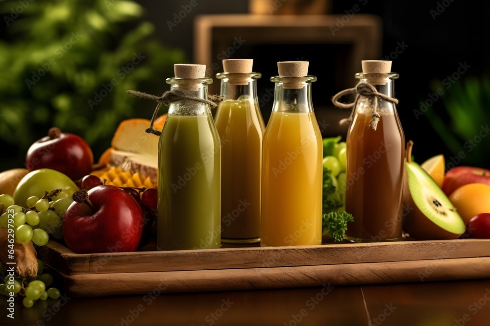 Bottles of fruit juice on wooden table Bottles of fruit juice on wooden table
