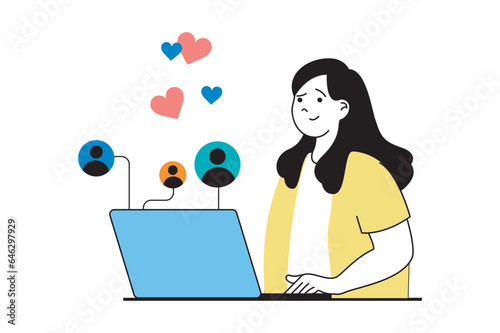 Social media concept with people scene in flat web design. Woman connecting with friends at networks from laptop and getting hearts. Vector illustration for social media banner, marketing material.