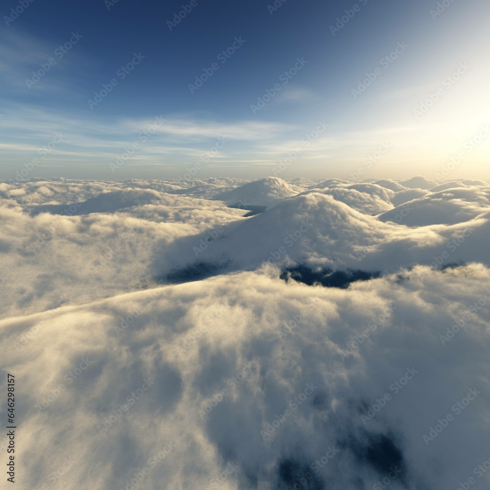 Cloud landscape. clouds under the rising sun, flying towards the sunset sun above the clouds, 3D rendering