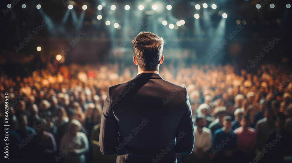 Back view of motivational speaker standing on stage in front of audience for motivation speech on conference or business event.  - obrazy, fototapety, plakaty 