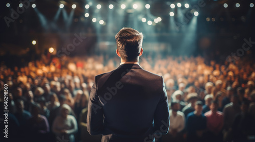 Back view of motivational speaker standing on stage in front of audience for motivation speech on conference or business event. 