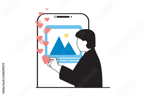 Social media concept with people scene in flat web design. Man using networks, browsing in mobile app and leaving hearts under photos. Vector illustration for social media banner, marketing material.