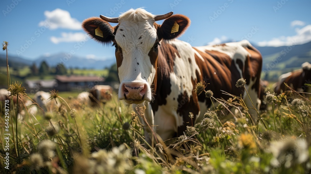 A cow is grazing during the day in a pasture A cow is grazing during the day in a pasture