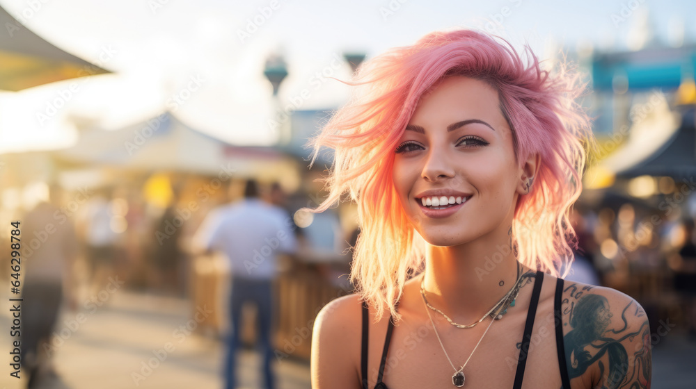 Beautiful young woman with striking pink hair and tattoos. Enjoying outdoors at a lively boardwalk lined with shops and restaurants, emphasizing a carefree spirit