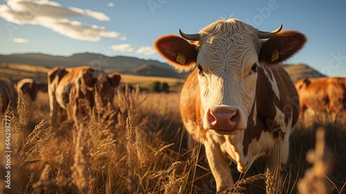 A cow is grazing during the day in a pasture