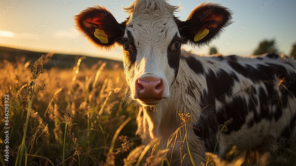 a cow stares ahead as the sun sets over a field - obrazy, fototapety, plakaty 