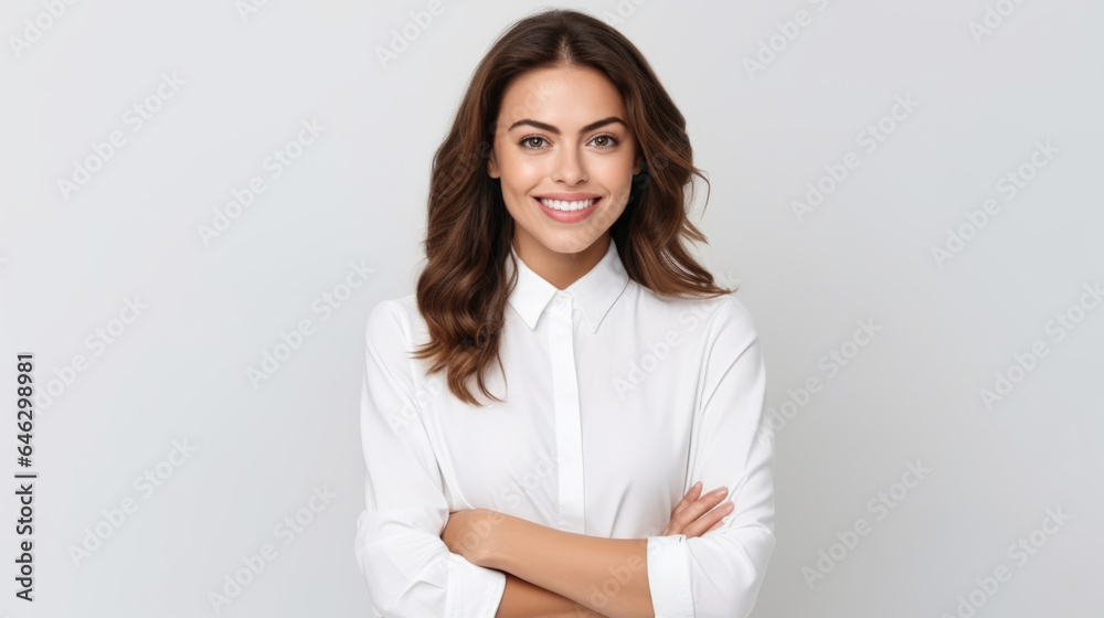 brunette business lady in white shirt smiling confident and cheerful with folded hands, isolated on white background. brunette business lady in white shirt smiling confident and cheerful with folded hands, isolated on white background.