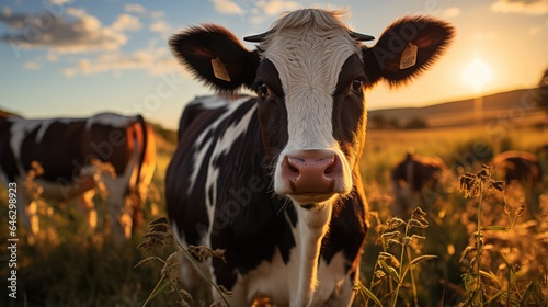 a cow stares ahead as the sun sets over a field