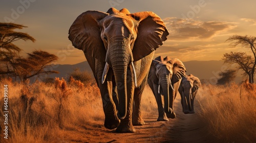 A herd of Elephants walking through a grassland © MBRAMO