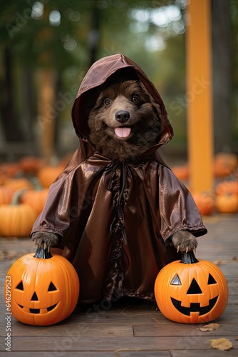 Cute bear with halloween costume. Generative AI