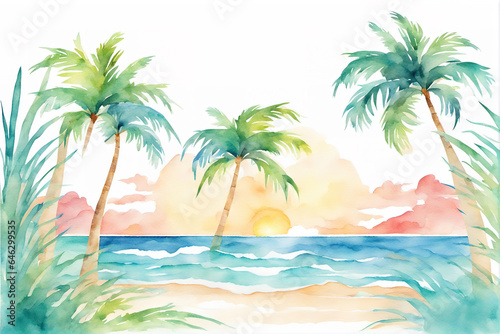 generative AI, Bright seaside coconut palm sunset ink painting © Steve