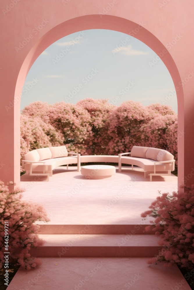 A vibrant pink archway opens up to a peaceful outdoor paradise, inviting guests to relax on plush white couches beneath the vibrant flowers and lush trees of the sky A vibrant pink archway opens up to a peaceful outdoor paradise, inviting guests to relax on plush white couches beneath the vibrant flowers and lush trees of the sky