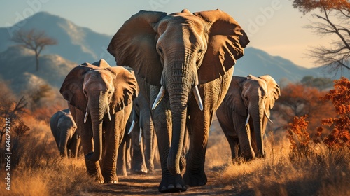 A herd of elephants walking, with a mountain view in the background