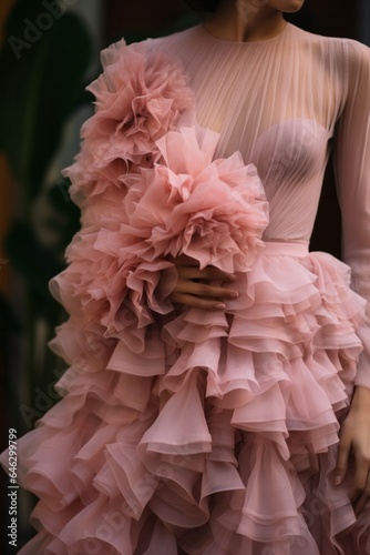 A beautiful woman in a stunning pink ruffled dress  adorned with flowery embellishments  exudes grace and style as she stands gracefully in an indoor setting  epitomizing the very essence of fashion