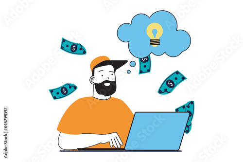 Startup business concept with people scene in flat web design. Man starting new company, doing tasks at laptop and earning money. Vector illustration for social media banner, marketing material.