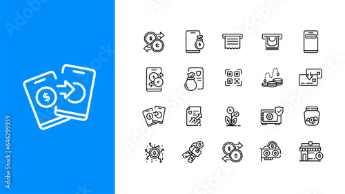 Set of 20 outline icons related to payment. Contains an icon such as перевод денег, money, bitcoin, credit card, credit card, Linear icon collection. Editable stroke. Vector illustration 