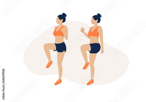 Young women doing exercises high knees