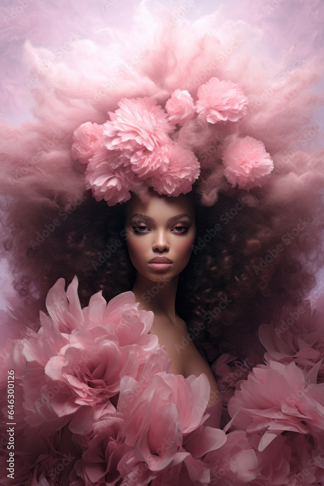 A woman stands confidently in a sea of vibrant pink flowers, her fashion forward outfit radiating with style and femininity A woman stands confidently in a sea of vibrant pink flowers, her fashion forward outfit radiating with style and femininity
