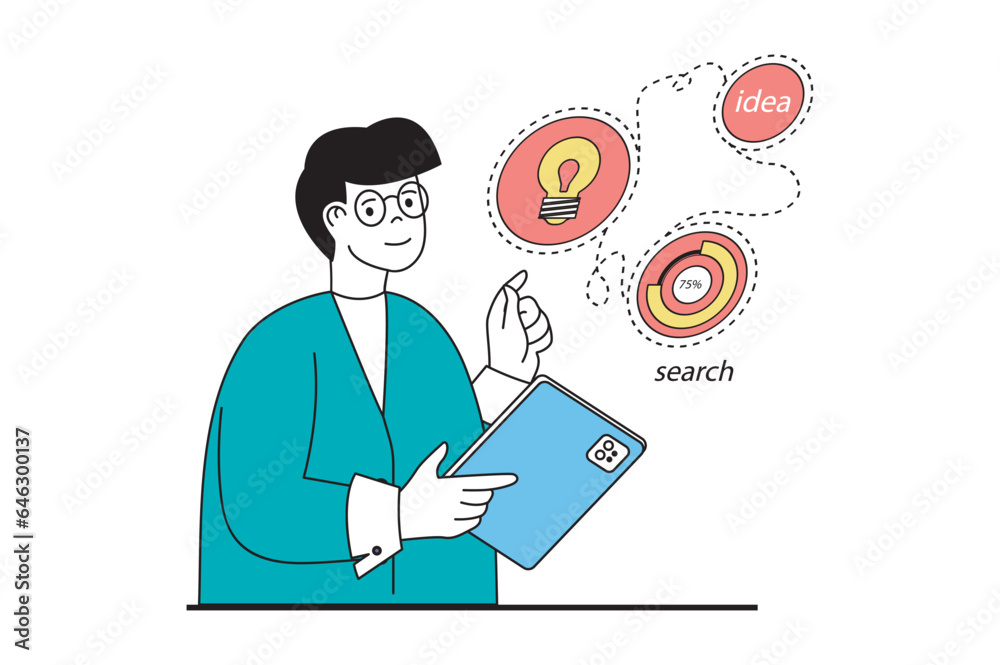 Startup business concept with people scene in flat web design. Man brainstorming, creating development strategy, starting new company. Vector illustration for social media banner, marketing material. Startup business concept with people scene in flat web design. Man brainstorming, creating development strategy, starting new company. Vector illustration for social media banner, marketing material.