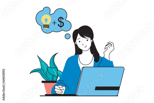 Startup business concept with people scene in flat web design. Woman creating and starting new company, brainstorming and improving. Vector illustration for social media banner, marketing material.