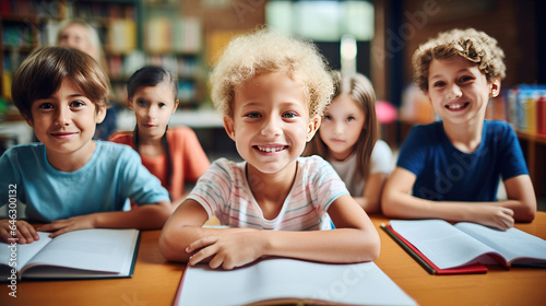 Smiling children in an elementary school classroom
