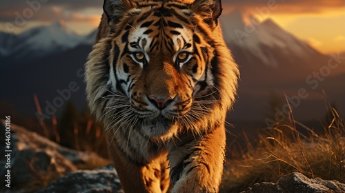 A tiger is standing on a rock with a mountain in the background at sunset