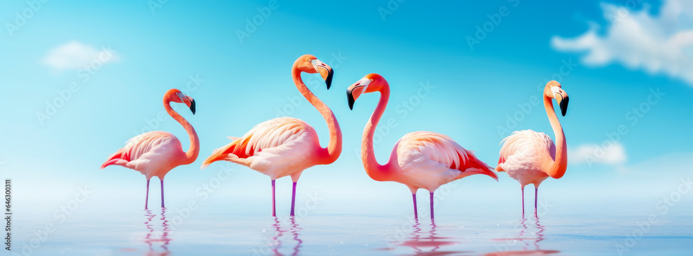 Obraz premium Travel and resort banner with pink flamingos standing in clear blue sea on clear blue sky background. Concept of summer vacation, traveling and resting on sea resort. Banner size
