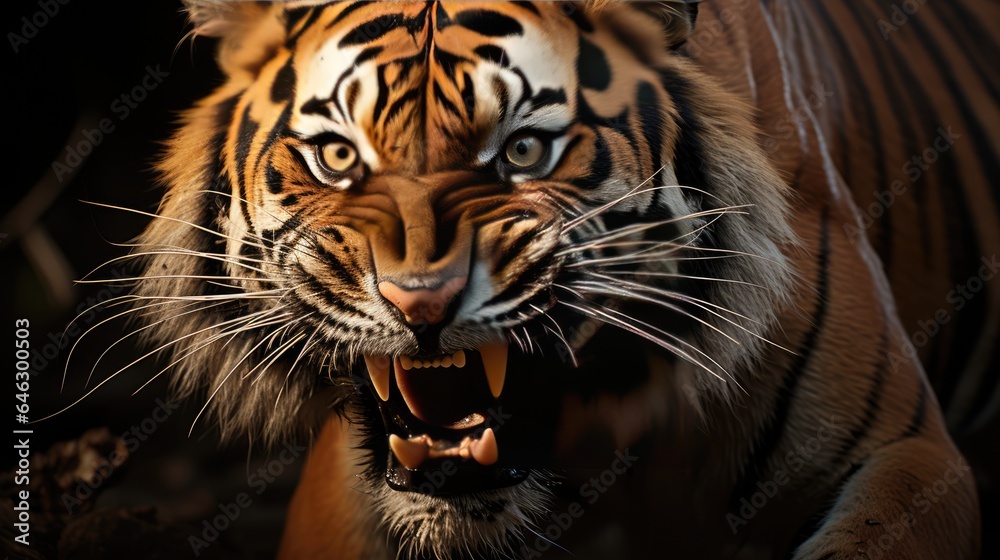 A tiger with a fierce face is looking for its prey