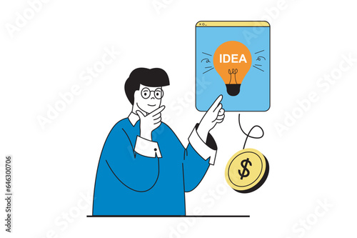 Startup business concept with people scene in flat web design. Man creating new ideas, starting entrepreneurship for earning money. Vector illustration for social media banner, marketing material.