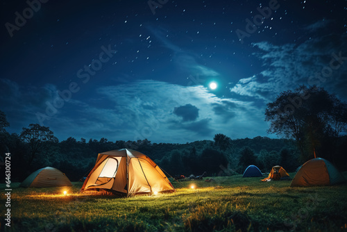 Camping tents with lit up lanterns are set up in a field of green grass, positioned under the expansive starry night time sky.