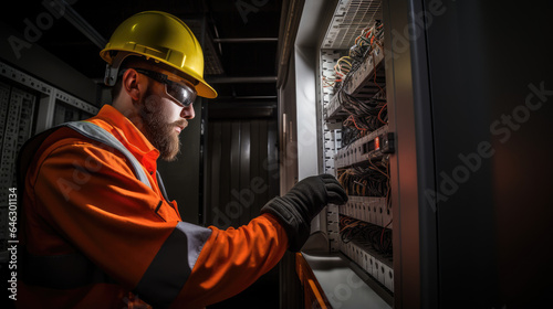 Commercial electrician at work on a fuse box, adorned in safety gear, demonstrating professionalism 