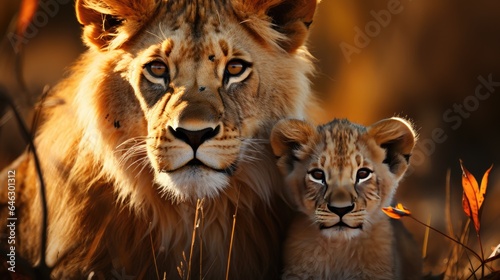 An adult lion nestles with his cub in the grass