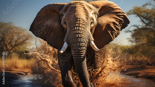 An African elephant walks swinging its trunk over a puddle of water © MBRAMO