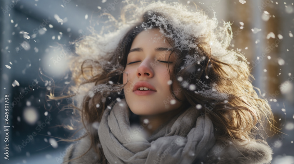 portrait of a beautiful woman standing in a snowy landscape, Christmas and New Year, winter. 