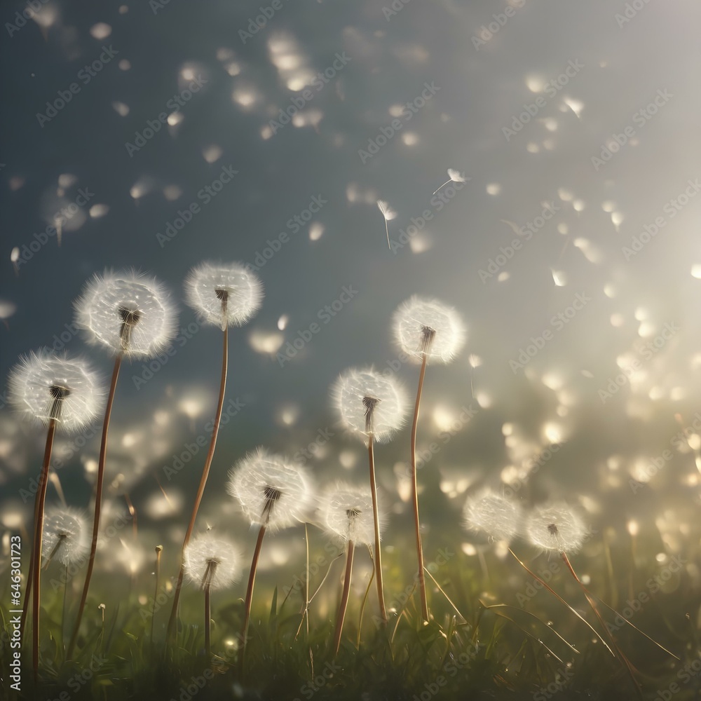 A meadow filled with floating, ethereal dandelion seeds, creating a dreamlike atmosphere4