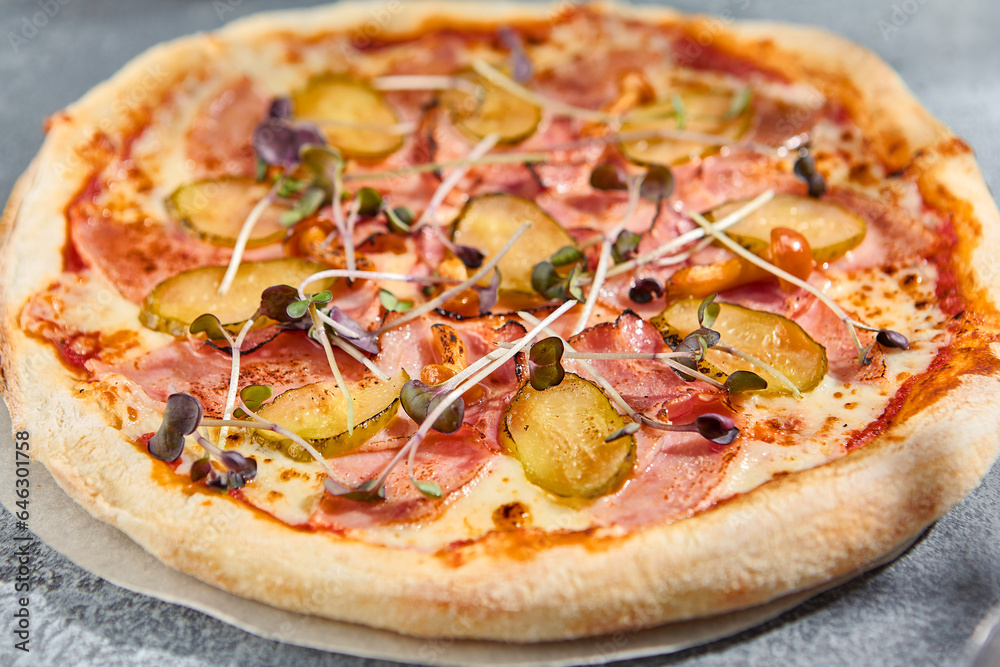 Macro horizontal close-up revealing the texture and ingredients of a pizza adorned with ham and pickles, a nod to Italian culinary craftsmanship