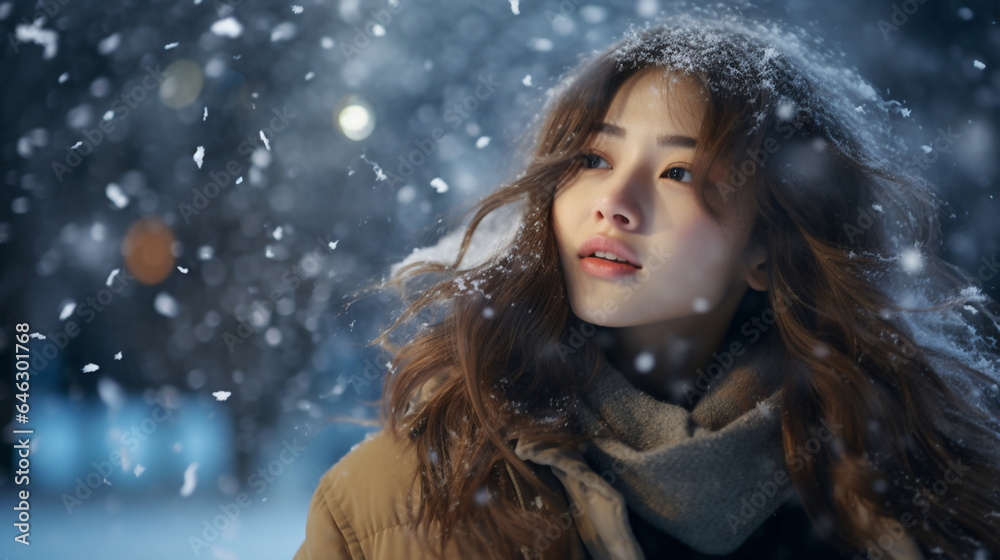 portrait of a beautiful woman standing in a snowy landscape, Christmas and New Year, winter. 