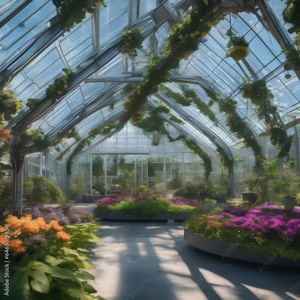 A futuristic greenhouse where robotic arms care for a garden of mechanical, metallic flowers1