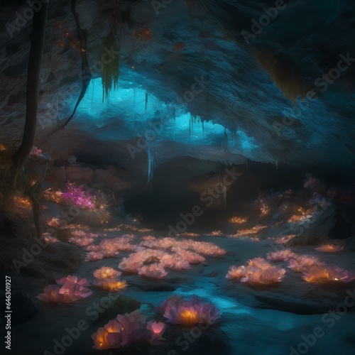 A surreal, bioluminescent cave filled with glowing, crystal-like flowers that thrive in the darkness2