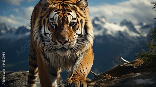 Big tiger standing on rocky mountains